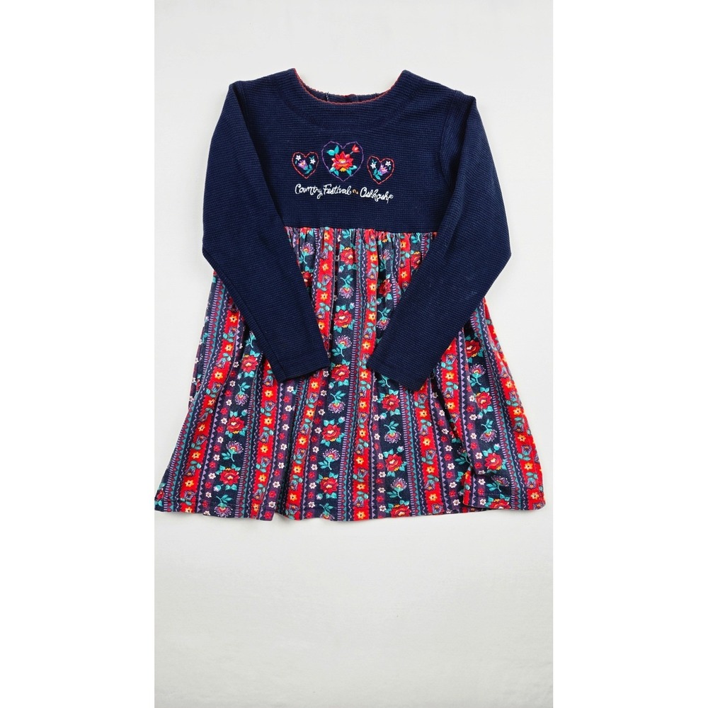 Vintage OshKosh Bgosh Girls 4T Navy Blue Floral Waffle Knit Country Dress USA